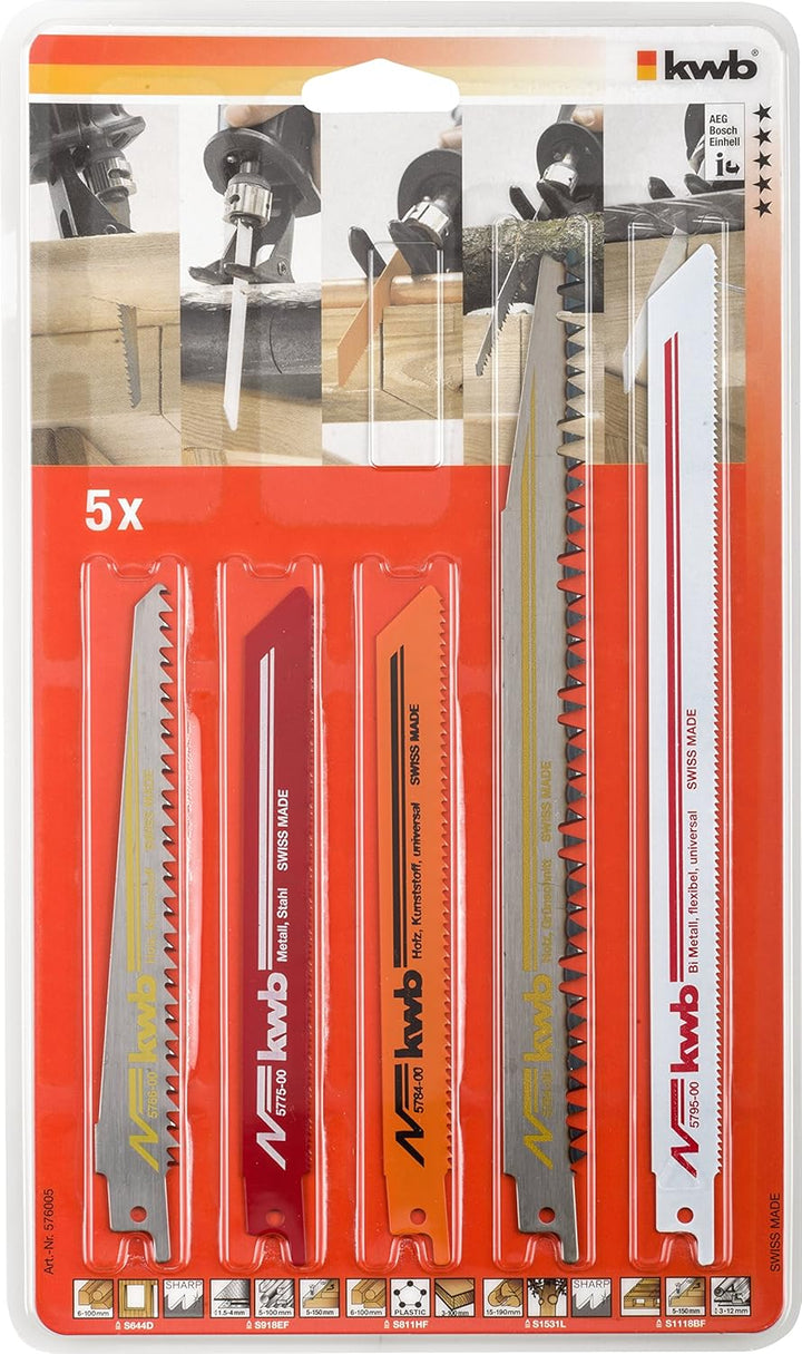 kwb Säbelsägeblatt-Satz für Holz und Metall - Sägeblatt-Set, 5-teilig für Universal-Sägen / Recripro