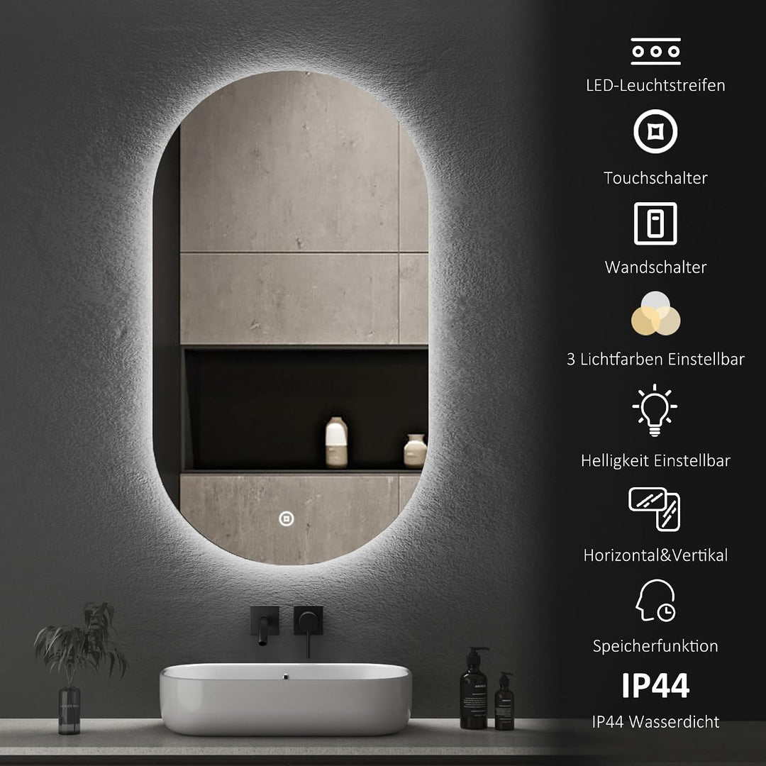 Boromal Badspiegel mit Beleuchtung Oval Led Spiegel mit Touch-Schalter, Dimmbar, 3 Lichtfarbe Einste