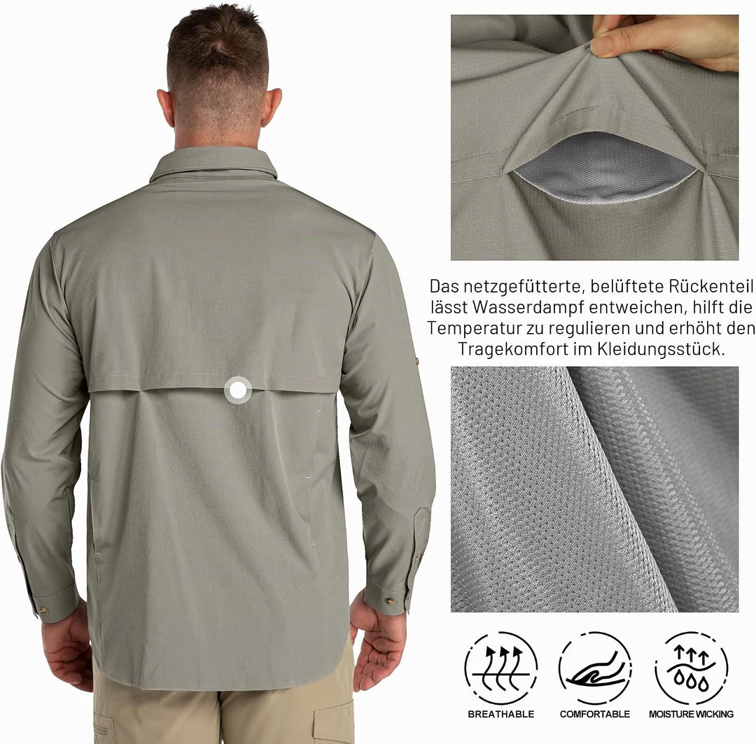 33,000ft Safari Hemd Herren Langarm Sportshemd UPF50+ UV Schutz Funktionshemd Atmungsaktiv Button-Do