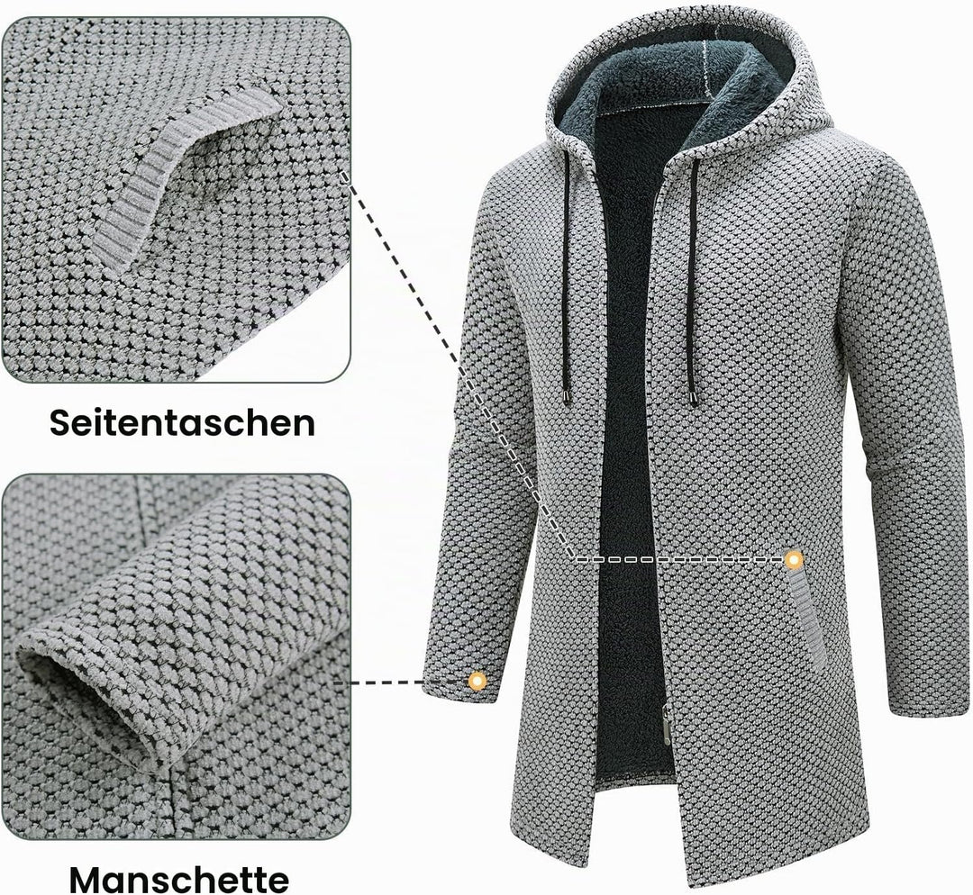 KUDORO Strickjacke Herren Cardigan Lang Trachtenjacke Kapuze mit Kapuze Gestrickt Pullover Hoodie Wi