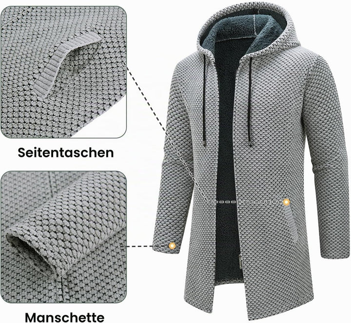 KUDORO Strickjacke Herren Cardigan Lang Trachtenjacke Kapuze mit Kapuze Gestrickt Pullover Hoodie Wi