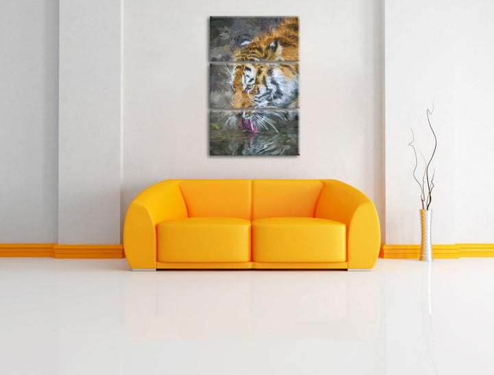 Tiger am Wasser Spezial 3-Teiler Leinwandbild 120x80 Bild auf Leinwand, XXL riesige Bilder fertig ge