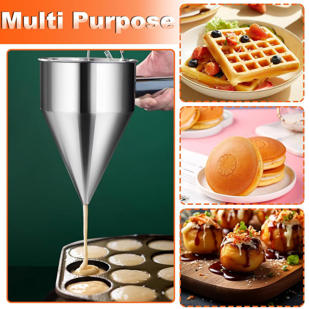 Teigportionierer, 1200ml Pfannkuchen Teigspender Edelstahl, Backtrichter Kolbentrichter Fondanttrich