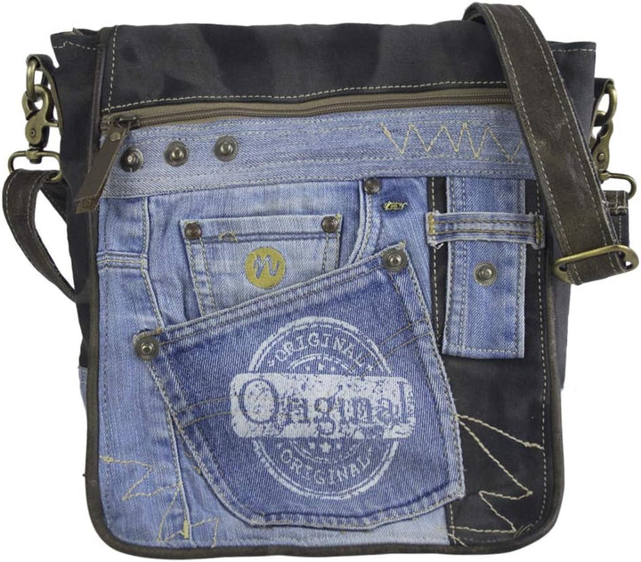 Sunsa nachhaltige Messenger Tasche. Umhängetasche aus recycelte Jeans & Canvas. Unisex Crossover Bag
