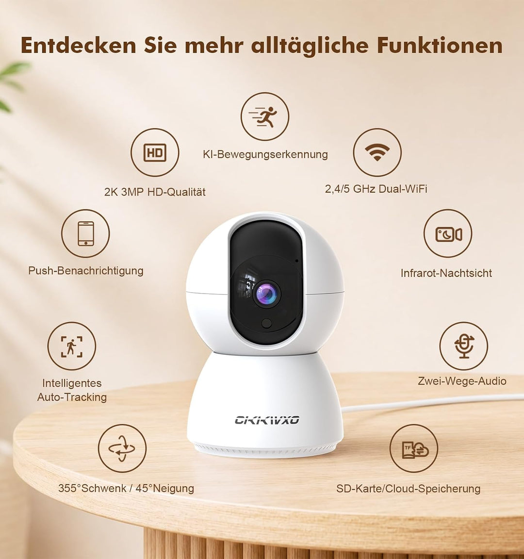 2.4/5GHz Überwachungskamera Innen WLAN mit 2K (3MP) HD Kamera Überwachung Innen PTZ– Bewegungserkenn