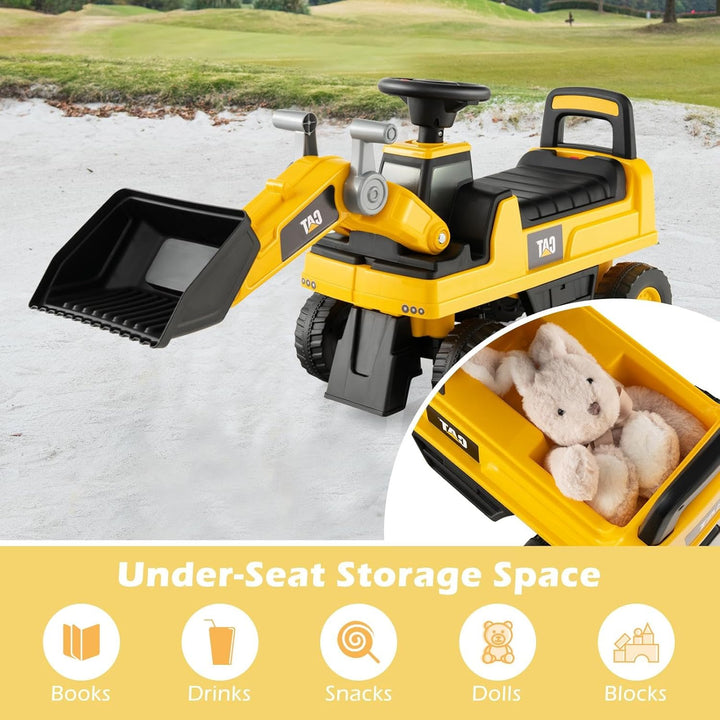 SOARS Sitzbagger, Kinderbagger mit Lenkbarer Schaufel, Rutschauto mit Hupe, verstecktem Stauraum & K