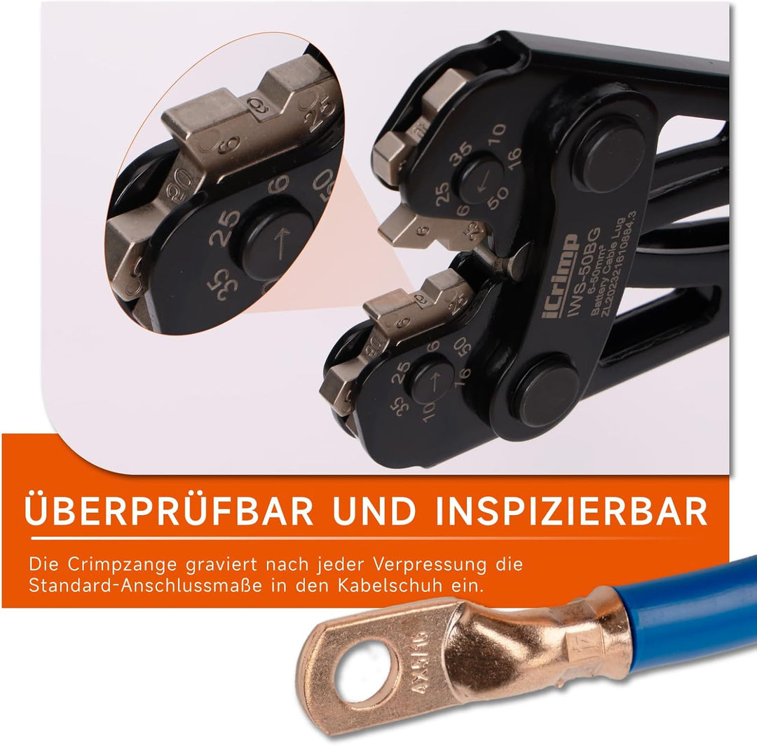 iCrimp Batteriekabelschuh Crimpzange 6–50 mm² mit Schnellwechselbacken | Kabelschuh Crimpzange mit e