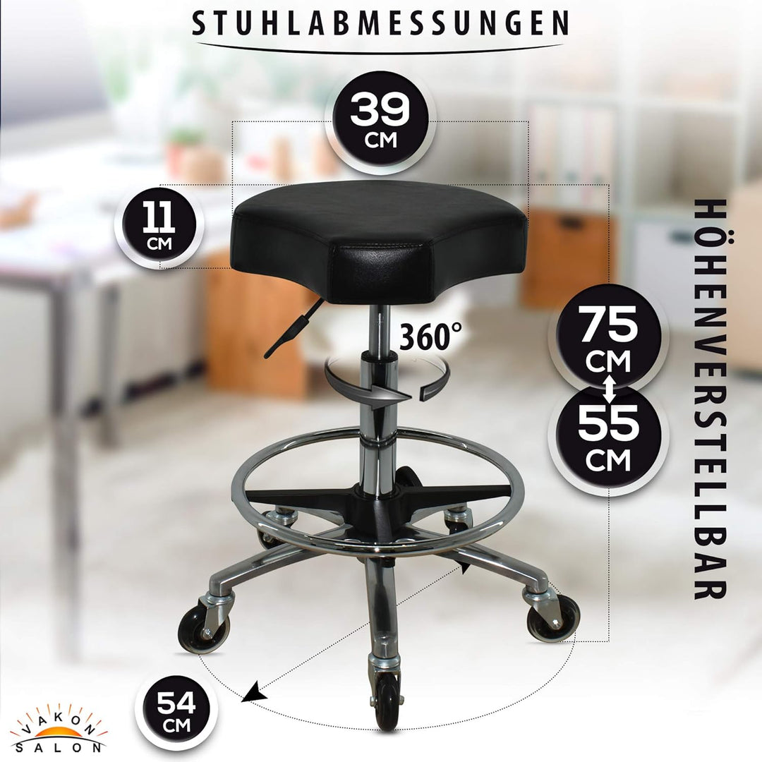 Ergonomischer Rollhocker mit Premium-Rollen und Fussring - Höhenverstellbar von 55-75 cm - Drehhocke