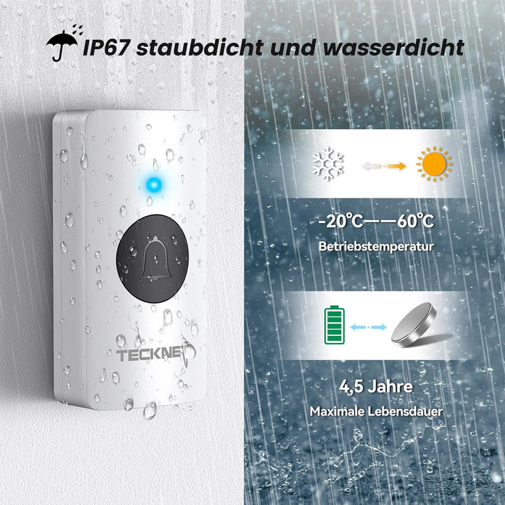 TECKNET Funkklingel, Funkklingel Batteriebetrieben mit 3 Empfänger 1 Sender, 400m Reichweite IP67 Fu