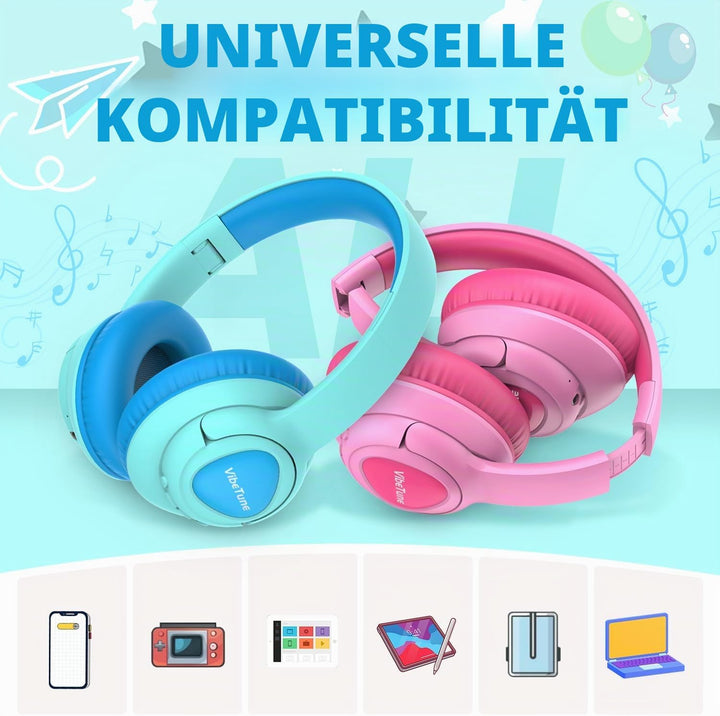 VibeTune Kinder Bluetooth Kopfhörer, 60 Stunden Spielzeit, Lautstärkebegrenzung 85/94dB, Bluetooth 5