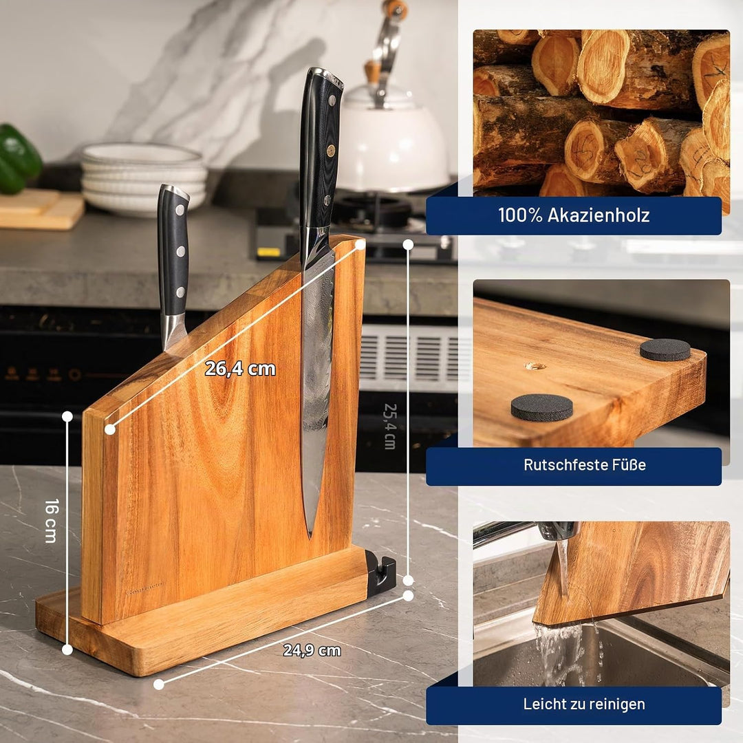 Messerblock Magnetisch mit Integriertem Schärfer, 100% Akazienholz Messerblock ohne Messer, Starker