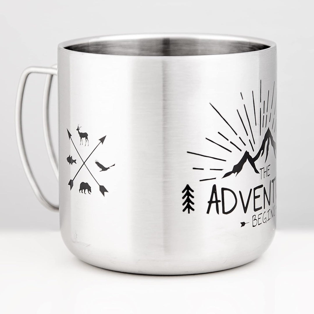 MUGSY Edelstahltasse, The Adventure Begins, To-Go Becher, abnehmbarer Deckel, bruchfest, 330ml, silb