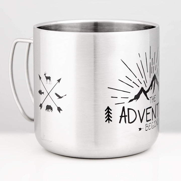 MUGSY Edelstahltasse, The Adventure Begins, To-Go Becher, abnehmbarer Deckel, bruchfest, 330ml, silb