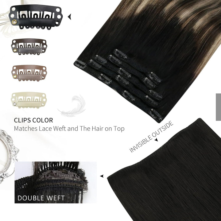 Moresoo Clip Extensions Echthaar Schwarz zu Braun Haarverlängerung Echthaar Clip in Extensions Schwa