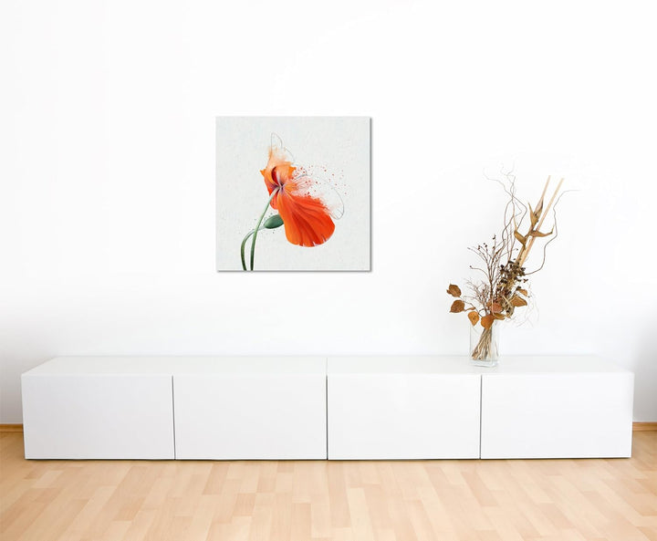 Wandbild 90x90cm Orange Mohnblumen im Splash Art Stil auf Leinwand für Wohnzimmer, Büro, Schlafzimme