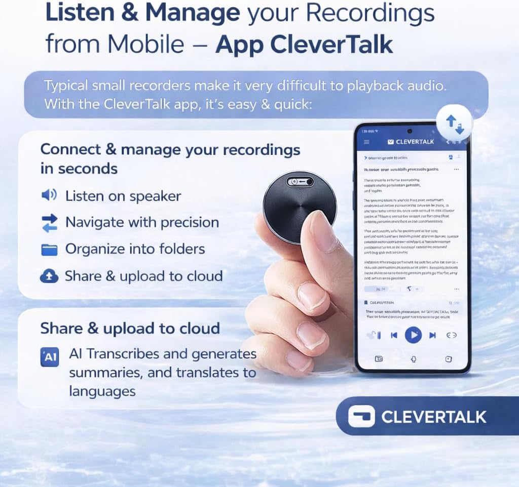 CleverTalk Q37 KI-Sprachrekorder | Sprachaktiviert | Mobile App, Mac & Windows + EU Cloud DSGVO | 64