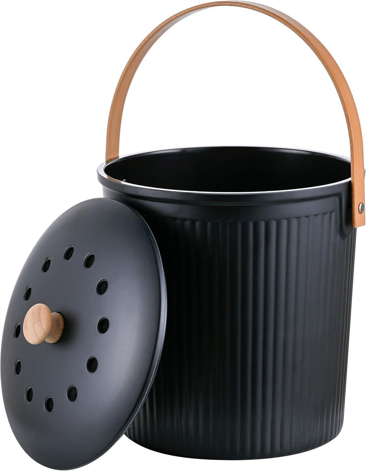 Relaxdays Komposteimer Küche, 5,6 Liter, 2 Aktivkohlefilter, schwarz | Deckel, Bambus-Henkel, Polyre