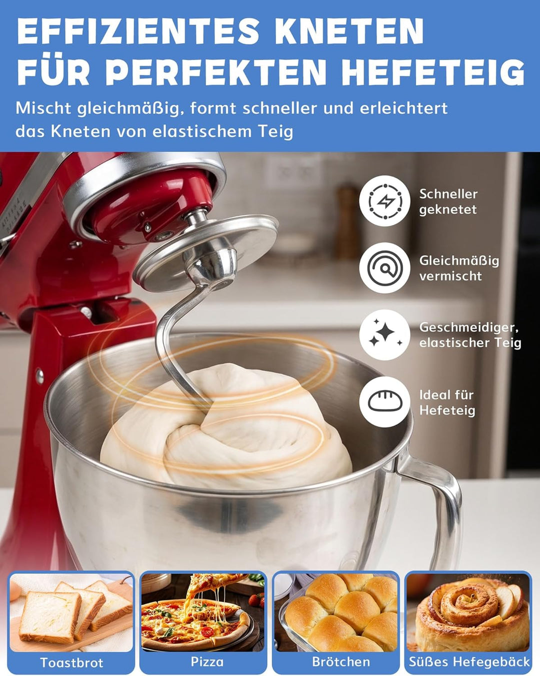 Knethaken für Kitchenaid 4.5/5QT Edelstahl Knethaken, Teigpeitsche für Standmixer, Artisan Rührhaken