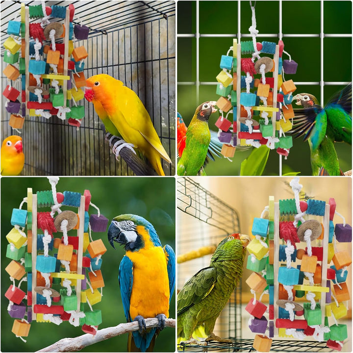 MQUPIN Grosser Vogel Papagei Spielzeug, Bunte Holzblock Kauen Papagei Spielzeug in verschiedenen For