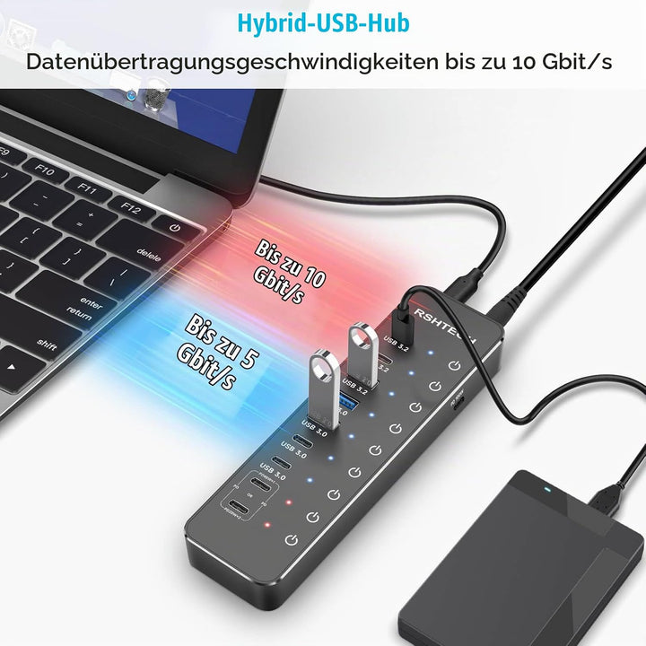 RSHTECH 10 Ports USB C Hub mit Netzteil - 3 USB 3.2 Gen 2 (2 Type C*1 Type A), 4 USB 3.0 (2 Typ C*2