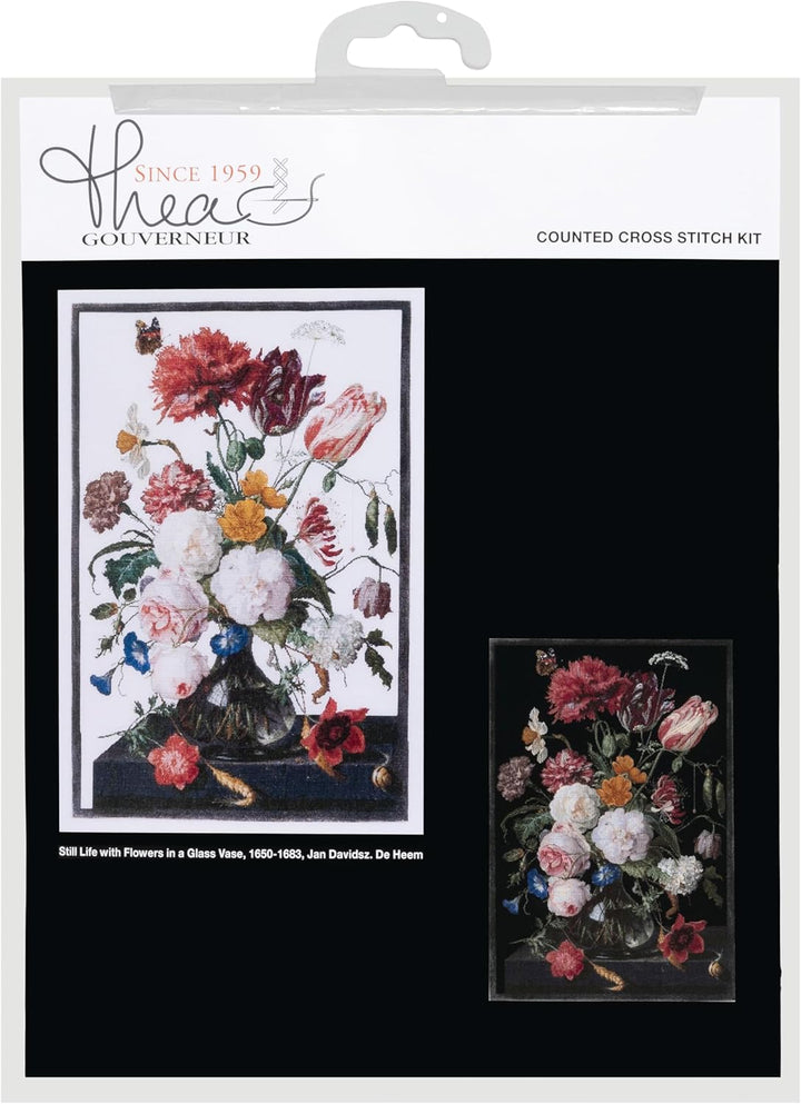 Thea Gouverneur - Kreuzstich-Set - Stillleben mit Blumen in einer Glasvase - Aida - 18 Count - Für E