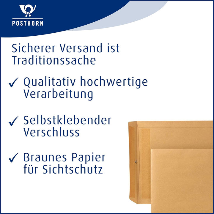 POSTHORN Versandtasche B4 (250 Stück), selbstklebende Versandtaschen ohne Fenster, braune Versandtas