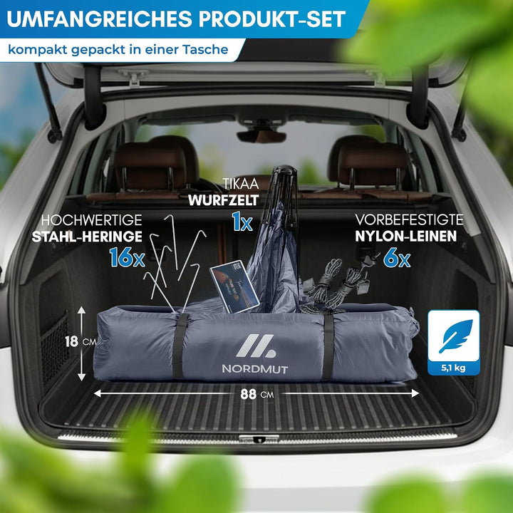 NORDMUT® Wurfzelt 2-4 Personen für blitzschnellen Aufbau – Pop Up Zelt 2-4 Personen wasserdicht &amp; UV