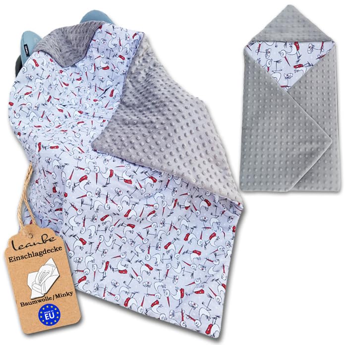 Baby Einschlagdecke Doppelseitig 86x86 cm Minky-Plüsch für Kinderwagen und Babybett (Grau Minky-Stör