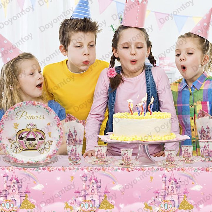 Doyomtoy Prinzessin Partygeschirr,Rosa Schloss Party Geschirr Set Prinzessin Schloss Cartoon-Geschir