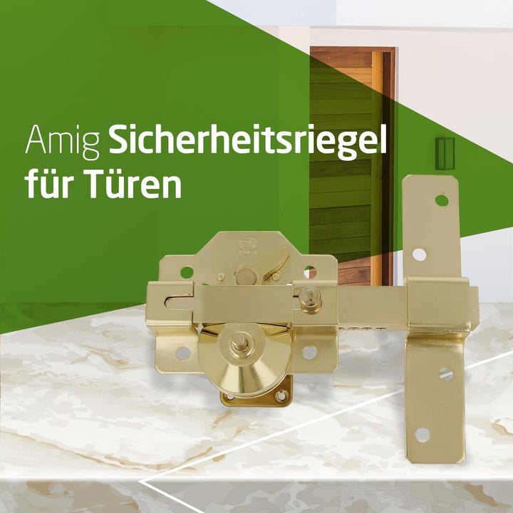 Amig - Aufliegendes Türriegelschloss mit Öffnungsknopf, Sicherheitsriegel und Sperrhebel aus verchro