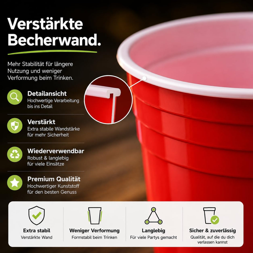 Red Cups extra stark – 473 ml / 16 oz Beer Pong Becher, wiederverwendbare Partybecher, rote Plastikb