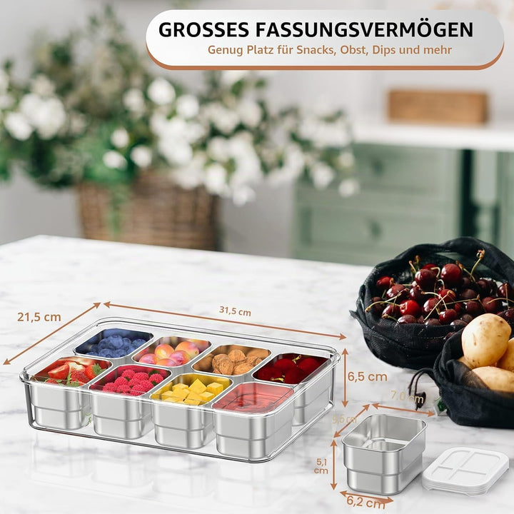 Snackle Box Behälter, Edelstahl-Lebensmittelbehälter mit 8 Fächern, Silikondeckel und Griff, durchsi