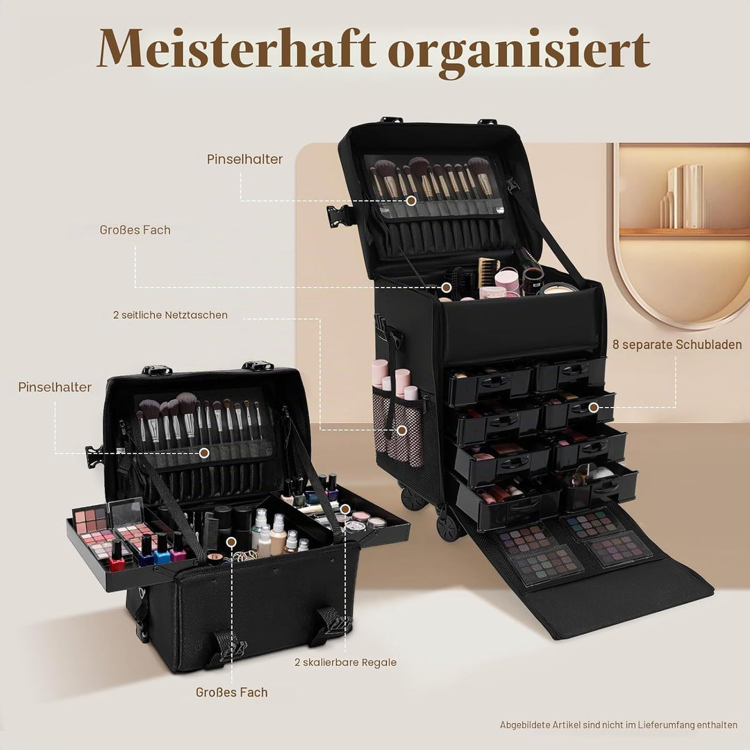 2 in 1 Kosmetikkoffer, Abnehmbarer Kosmetikkoffer Trolley mit Rollen und Deichsel, Friseurkoffer mit