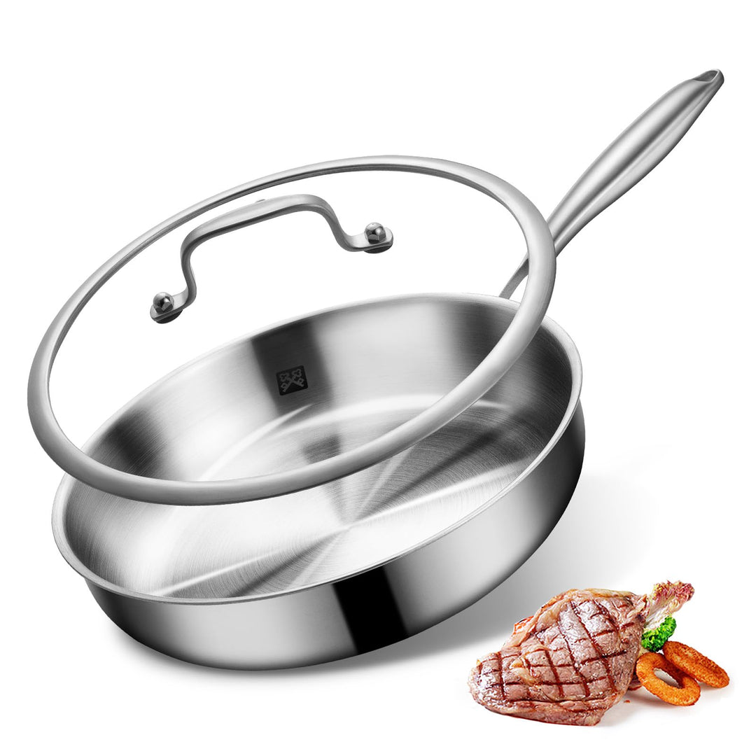 Edelstahl Bratpfanne 28cm mit Deckel, Edelstahl Pfanne unbeschichtet , 3-lagige Edelstahlpfanne indu