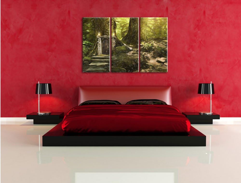 Pixxprint Geheimes Tor im Wald / 3-Teilig/Gesamtmass 120cm Leinwandbild bespannt auf Holzrahmen/Wand