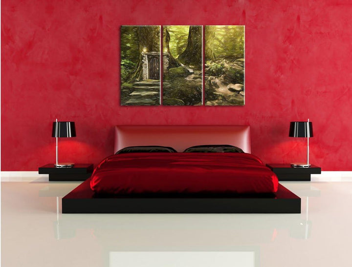 Pixxprint Geheimes Tor im Wald / 3-Teilig/Gesamtmass 120cm Leinwandbild bespannt auf Holzrahmen/Wand