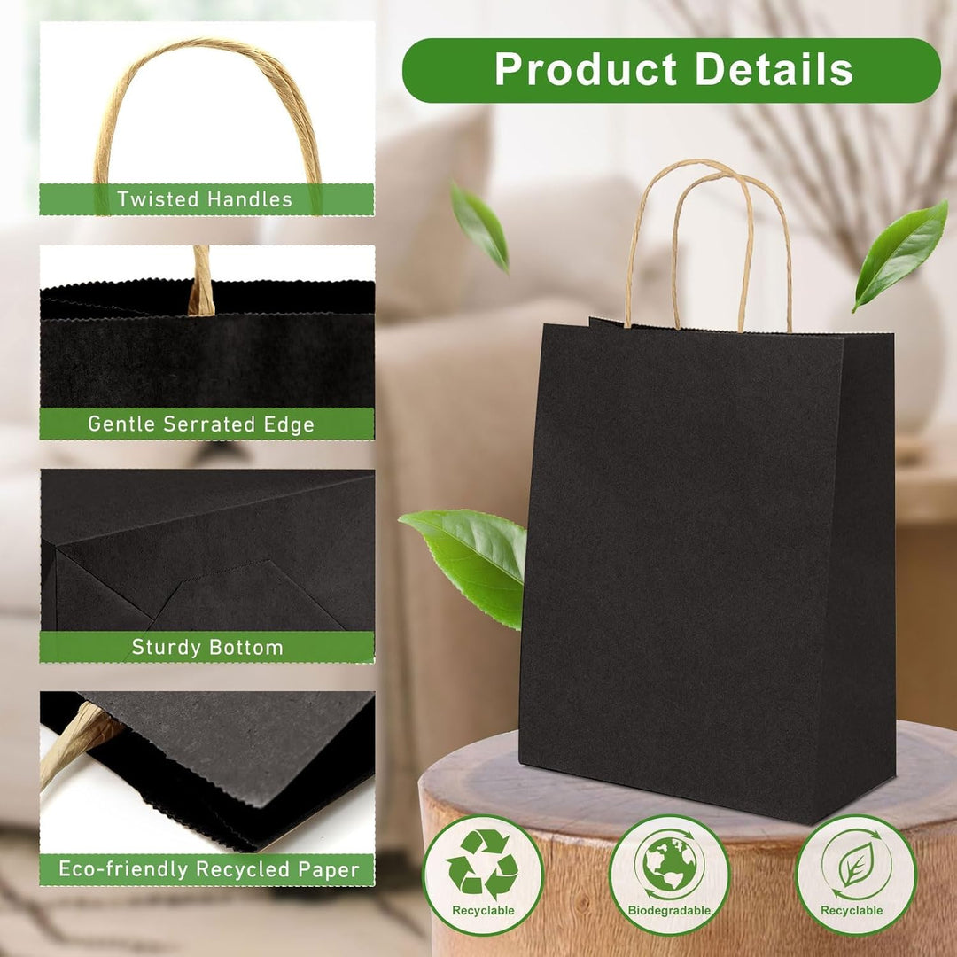 Gucass 50 Stück Klein Papiertüten mit Henkel, Schwarz Kraft Papiertaschen Geschenktüten, 15x8x21cm P