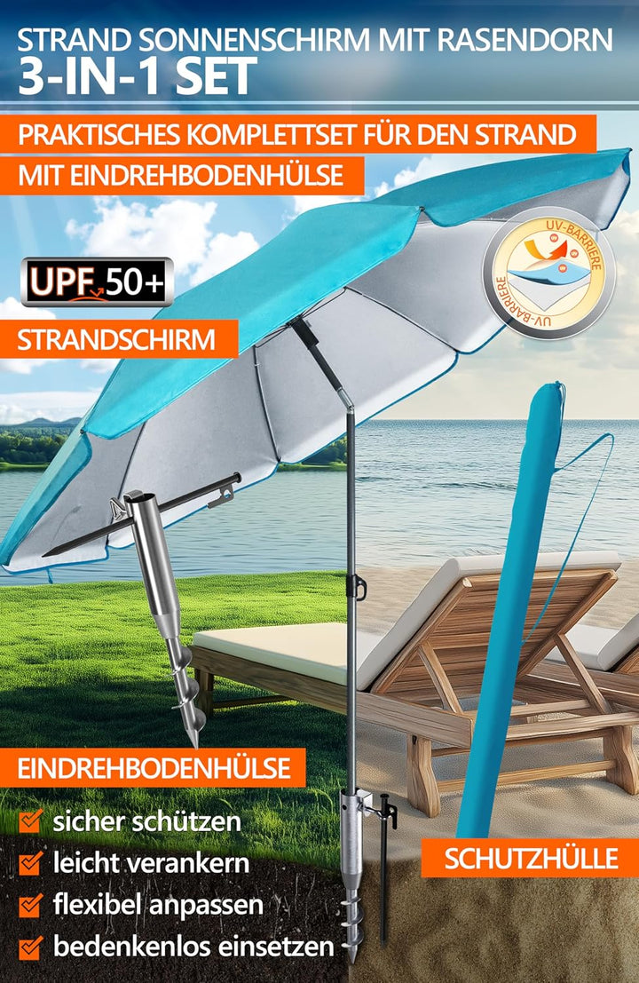 4smile Sonnenschirm Strand Ø 200 cm SET mit Eindrehbodenhülse, Türkis | Strandschirm Windfest Stabil