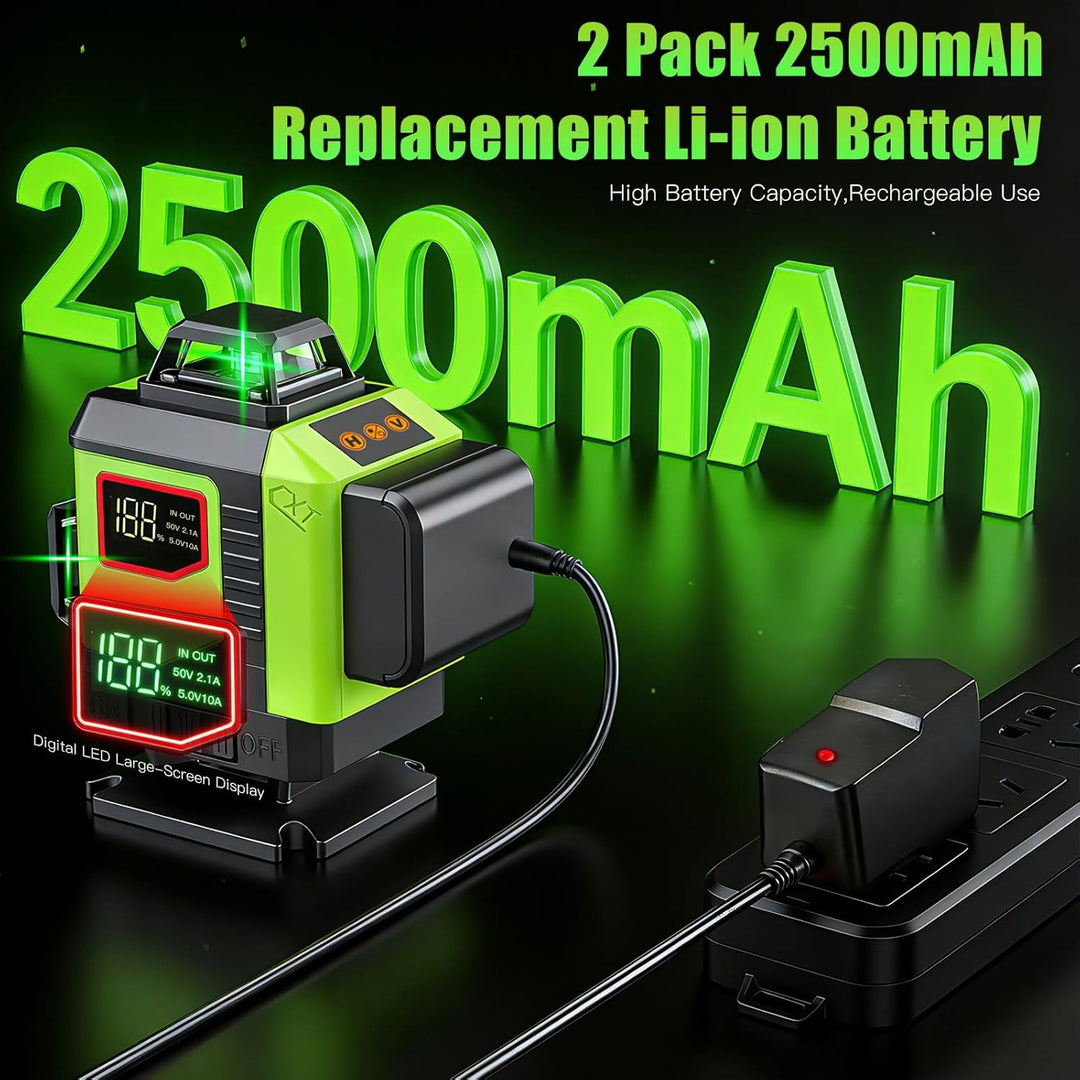 4D 16-Linien Laser-Nivelliergerät, 4×360° Selbstnivellierend mit digitaler Batterieanzeige, Grüner L
