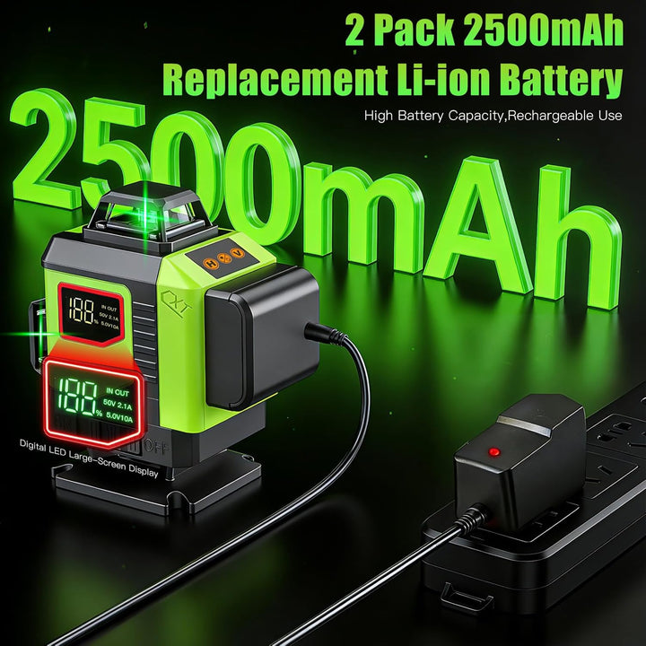 4D 16-Linien Laser-Nivelliergerät, 4×360° Selbstnivellierend mit digitaler Batterieanzeige, Grüner L