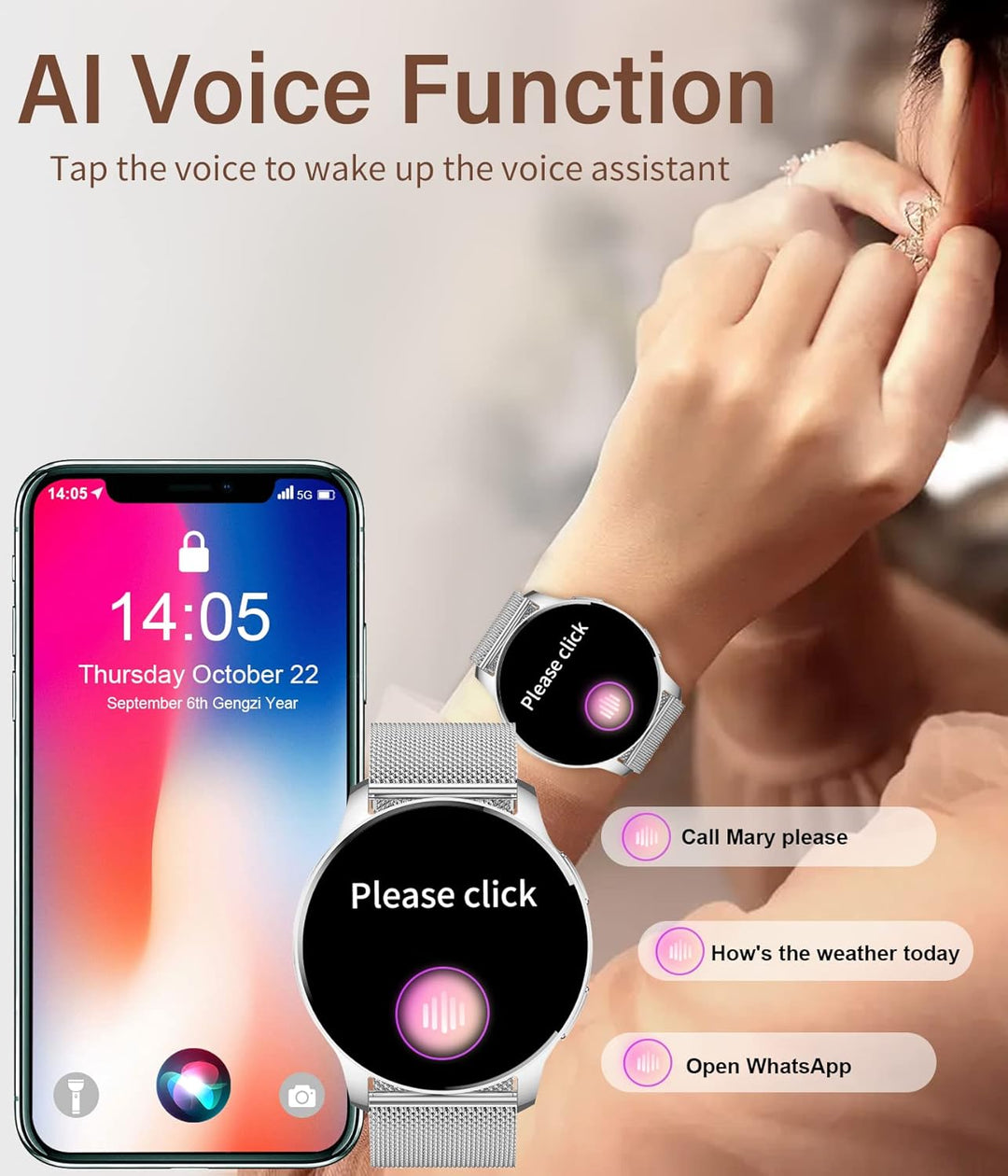 niolina Smartwatch Damen mit Telefonfunktion,1.32 Zoll HD Voll Touchscreen Armbanduhr mit Pulsmesser