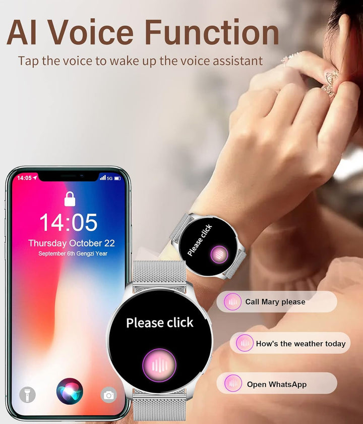 niolina Smartwatch Damen mit Telefonfunktion,1.32 Zoll HD Voll Touchscreen Armbanduhr mit Pulsmesser
