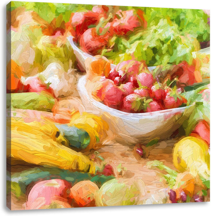 Pixxprint Buntes Obst und Gemüse Pinsel Effekt, Format: 70x70 auf Leinwand, 70x70