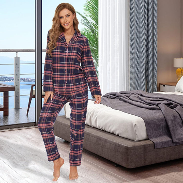 Mnemo Home Damen Schlafanzug Lang Flanell Pyjama Damen 100% Baumwolle aus Flanell Blaures Pulver mit
