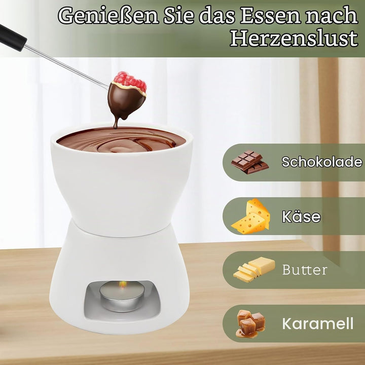 Schokofondue Tasse Set, Keramike Schokofondue mit 4 Gabeln und 1 Teelicht, Schokoladenfondue für Hau