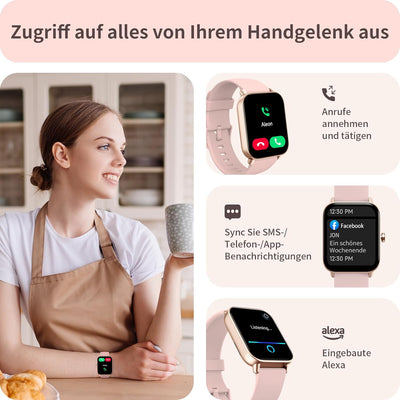 Smartwatch mit Telefonfunktion und Alexa Built-in, 1.8" Fitnessuhr Damen mit Schrittzähler Herzfrequ