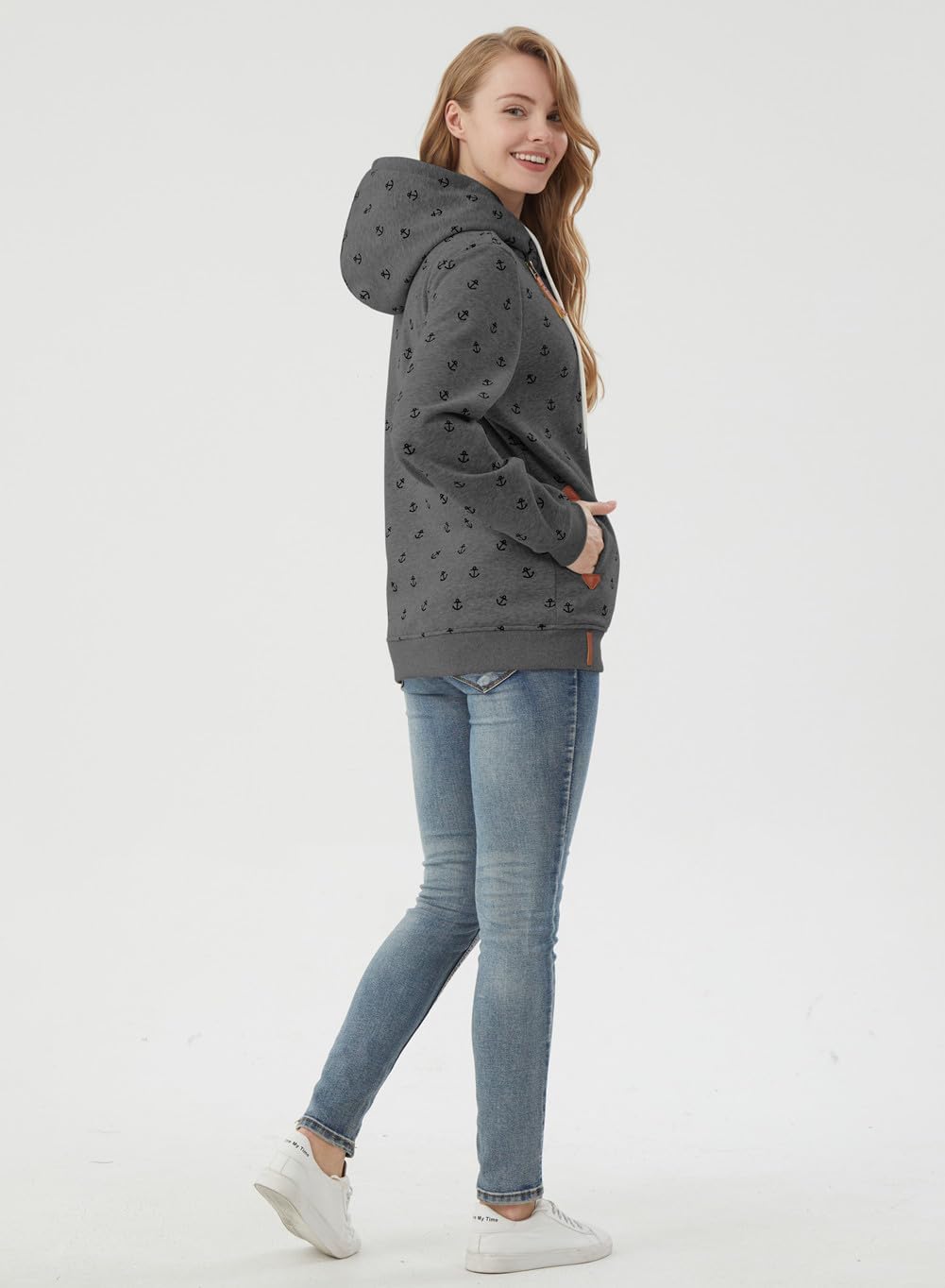 Newbestyle Jacke Damen Sweatjacke Vicky Zip Hoodie Dunkelgrau Gedruckt L, Dunkelgrau Gedruckt L