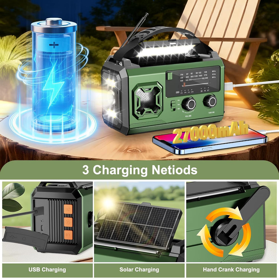 Kurbelradio - 27000mAh Notfallradio mit Kurbel und Solar, Tragbar Solar Notfall Radio mit AM/FM Empf
