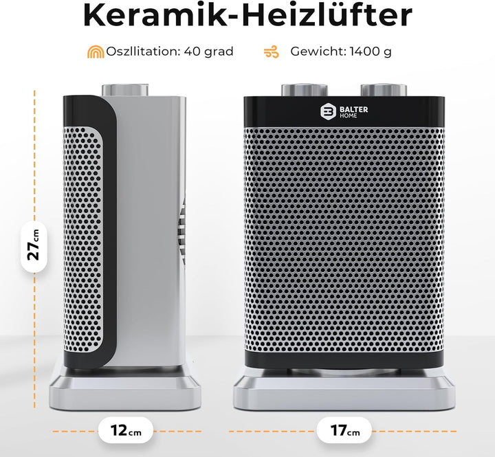 BALTER Heizlüfter Energiesparend Leise, 1500W Heizstrahler, Heizung innenraum Bad, 15°C - 35°C, 3 St