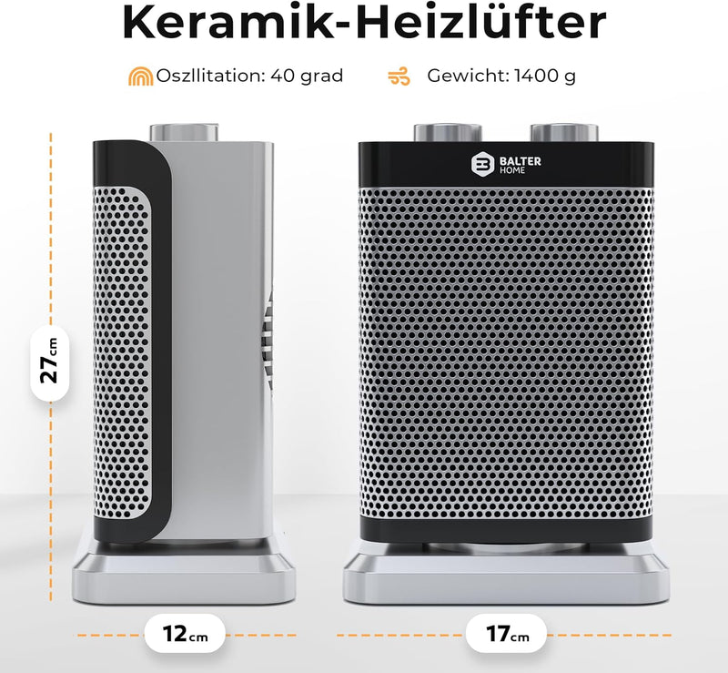 BALTER Heizlüfter Energiesparend Leise, 1500W Heizstrahler, Heizung innenraum Bad, 15°C - 35°C, 3 St
